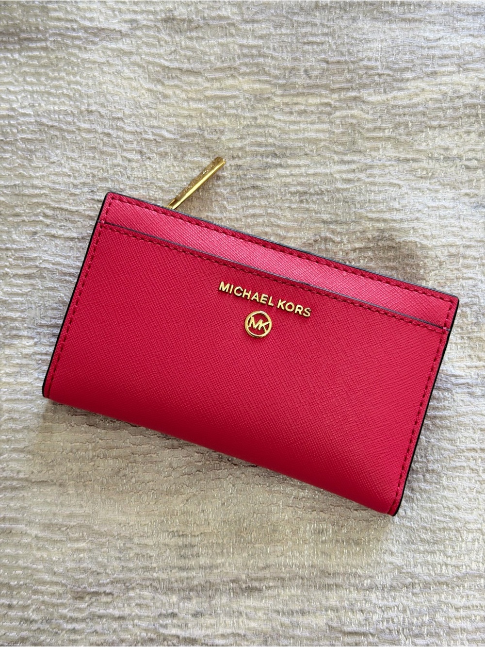 MICHAEL KORS Bright Pink Saffiano Zip Wallet with Gold Hardware